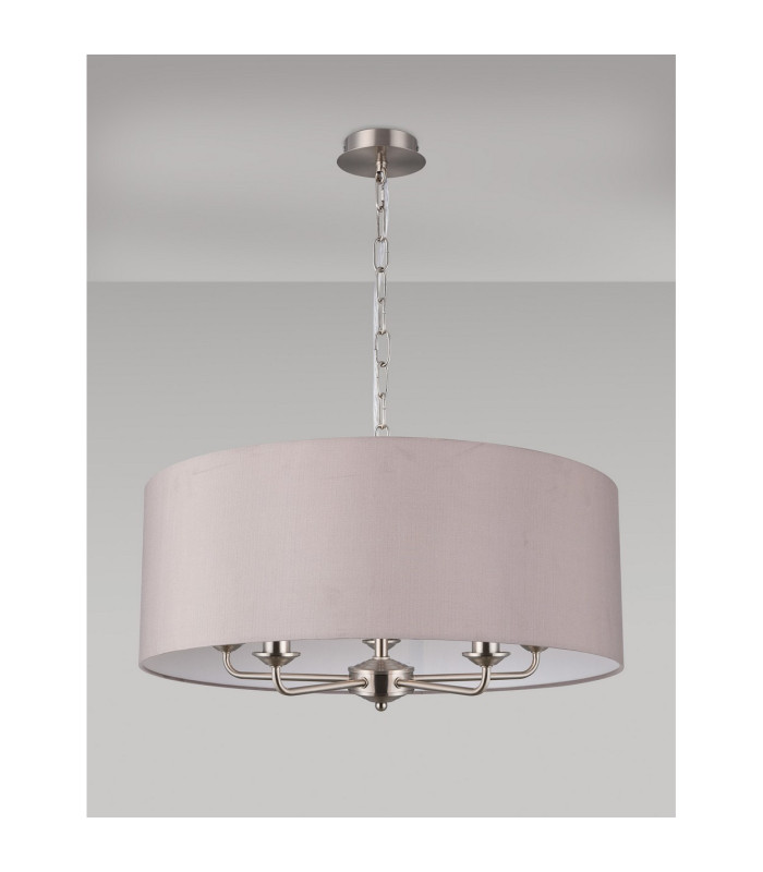 Banyan 5 Light Multi Arm Pendant E14 Satin Nickel With 60cm x 22cm Faux Silk Shade Grey/White Laminate-11