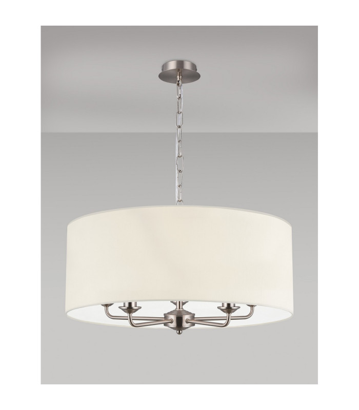Banyan 5 Light Multi Arm Pendant E14 Satin Nickel With 60cm x 22cm Faux Silk Shade Ivory Pearl/White Laminate-11