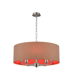 Banyan 5 Light Multi Arm Pendant E14 Satin Nickel With 60cm x 22cm Dual Faux Silk Shade Antique Gold/Ruby-1