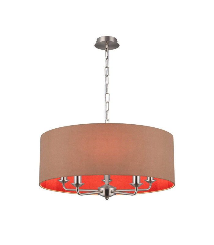 Banyan 5 Light Multi Arm Pendant E14 Satin Nickel With 60cm x 22cm Dual Faux Silk Shade Antique Gold/Ruby-1