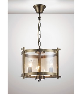 Cylindrical Ceiling Pendant 3 Light E14 Antique Brass, Amber Glass - 2