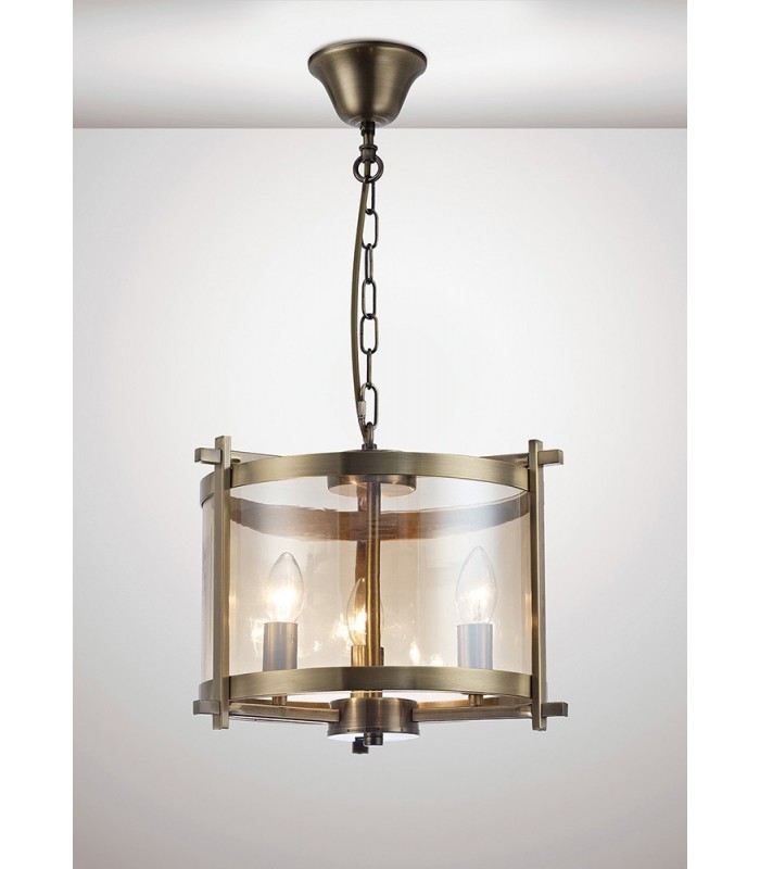 Cylindrical Ceiling Pendant 3 Light E14 Antique Brass, Amber Glass - 2