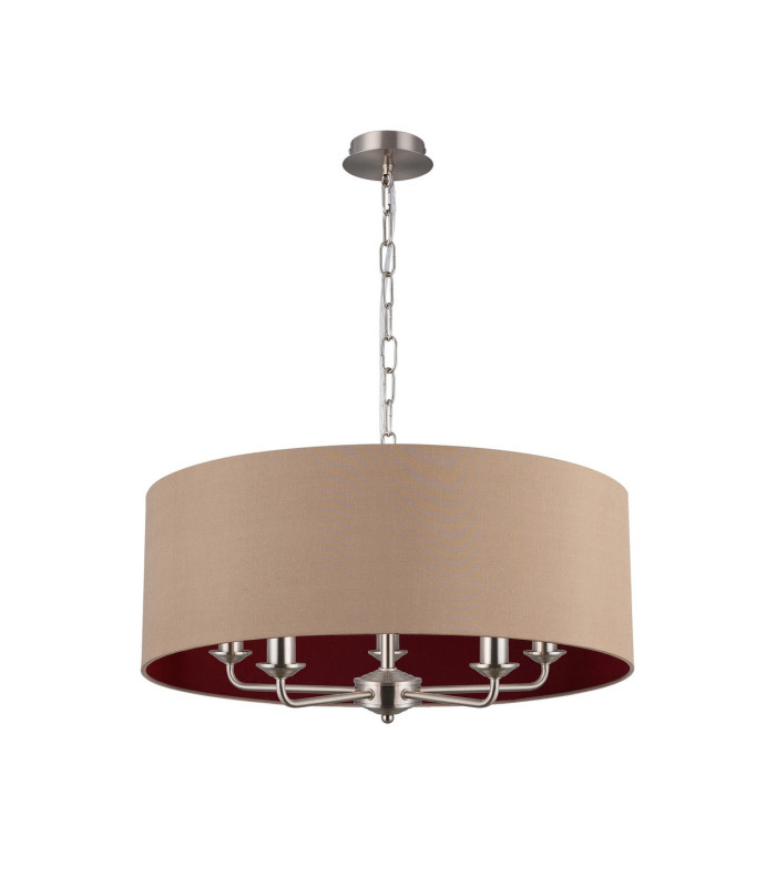 Banyan 5 Light Multi Arm Pendant E14 Satin Nickel With 60cm x 22cm Dual Faux Silk Shade Antique Gold/Ruby-4