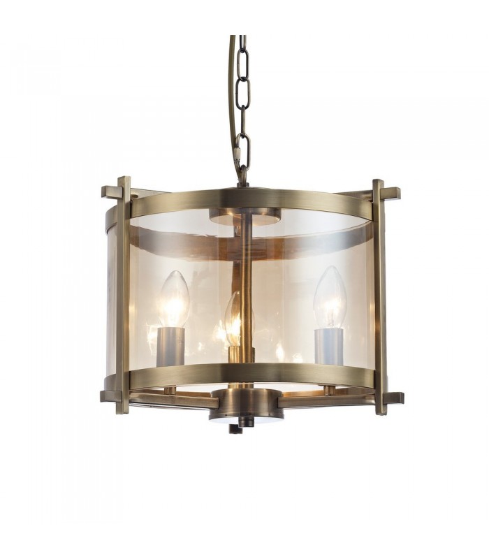 Cylindrical Ceiling Pendant 3 Light E14 Antique Brass, Amber Glass - 4