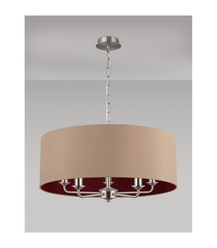Banyan 5 Light Multi Arm Pendant E14 Satin Nickel With 60cm x 22cm Dual Faux Silk Shade Antique Gold/Ruby-11