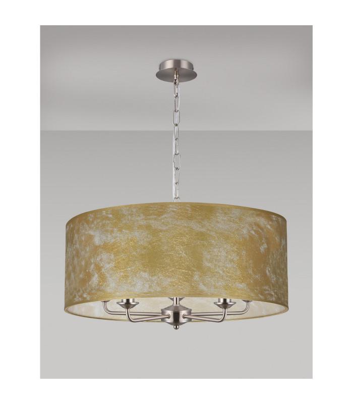 Banyan 5 Light Multi Arm Pendant E14 Satin Nickel With 60cm x 22cm Gold Leaf With White Lining Shade-11