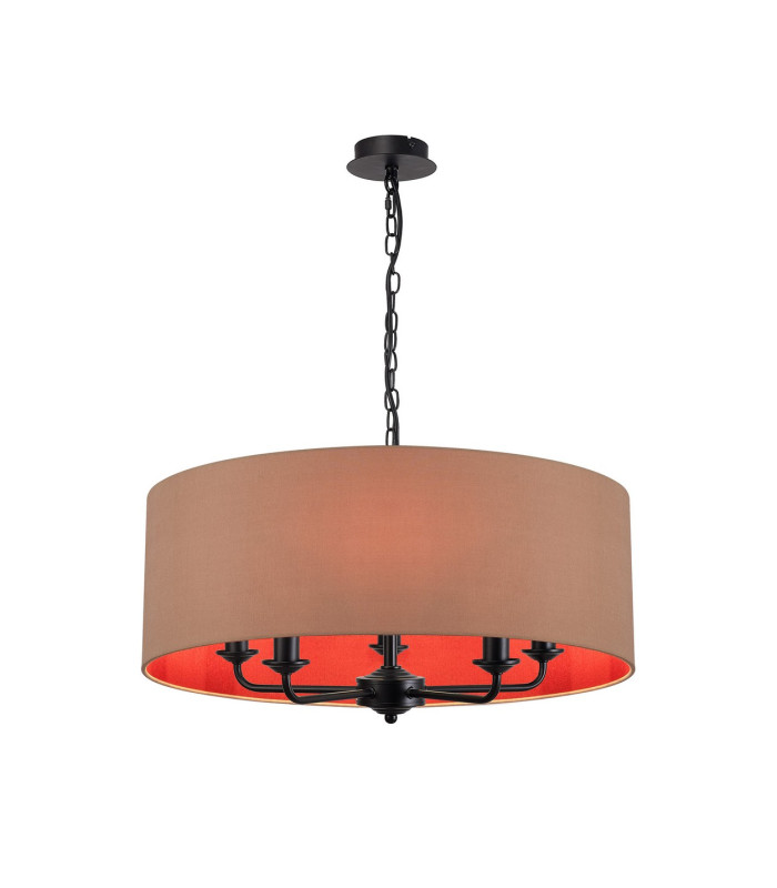 Banyan 5 Light Multi Arm Pendant With 60cm x 22cm Dual Faux Silk Fabric Shade Matt Black/Antique Gold-1
