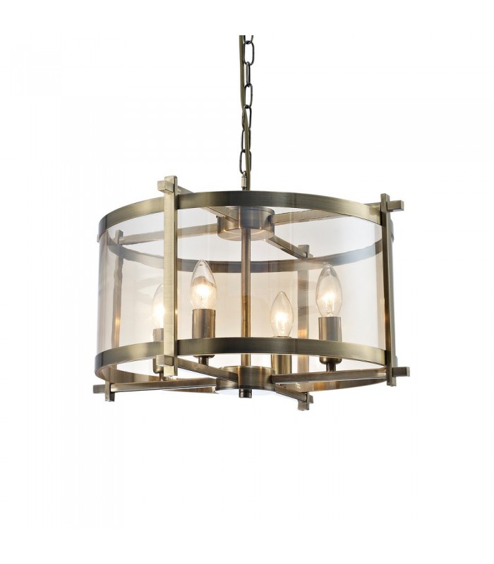Cylindrical Ceiling Pendant 4 Light E14 Antique Brass, Amber Glass - 4