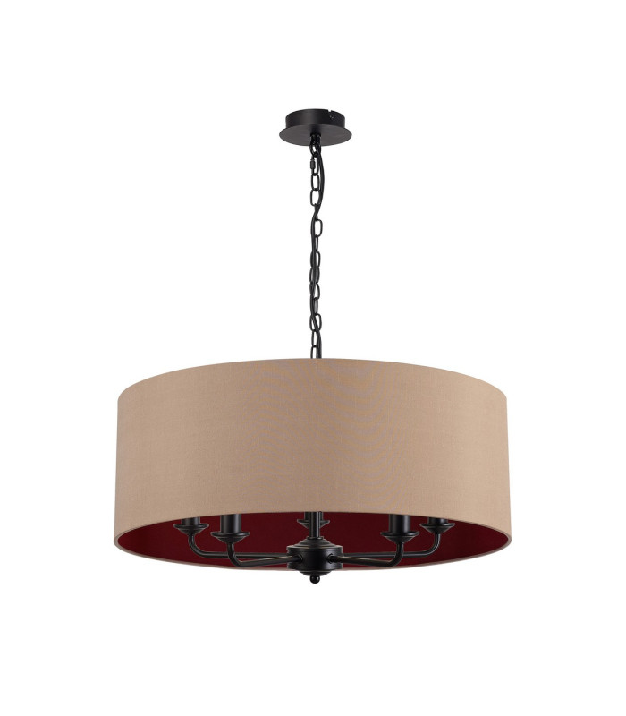 Banyan 5 Light Multi Arm Pendant With 60cm x 22cm Dual Faux Silk Fabric Shade Matt Black/Antique Gold-4