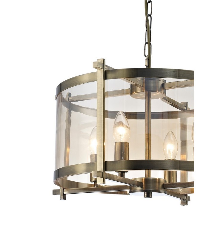 Cylindrical Ceiling Pendant 4 Light E14 Antique Brass, Amber Glass - 5