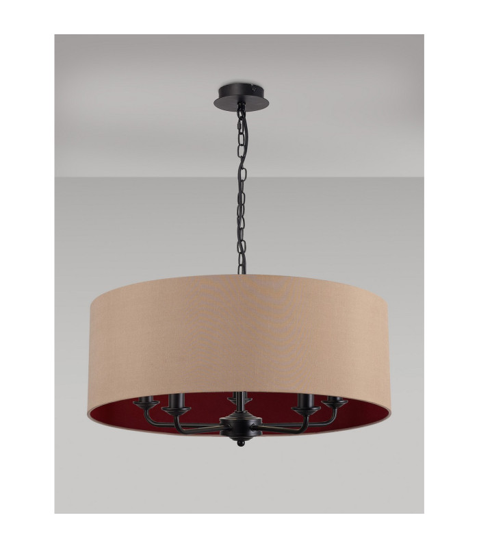 Banyan 5 Light Multi Arm Pendant With 60cm x 22cm Dual Faux Silk Fabric Shade Matt Black/Antique Gold-11
