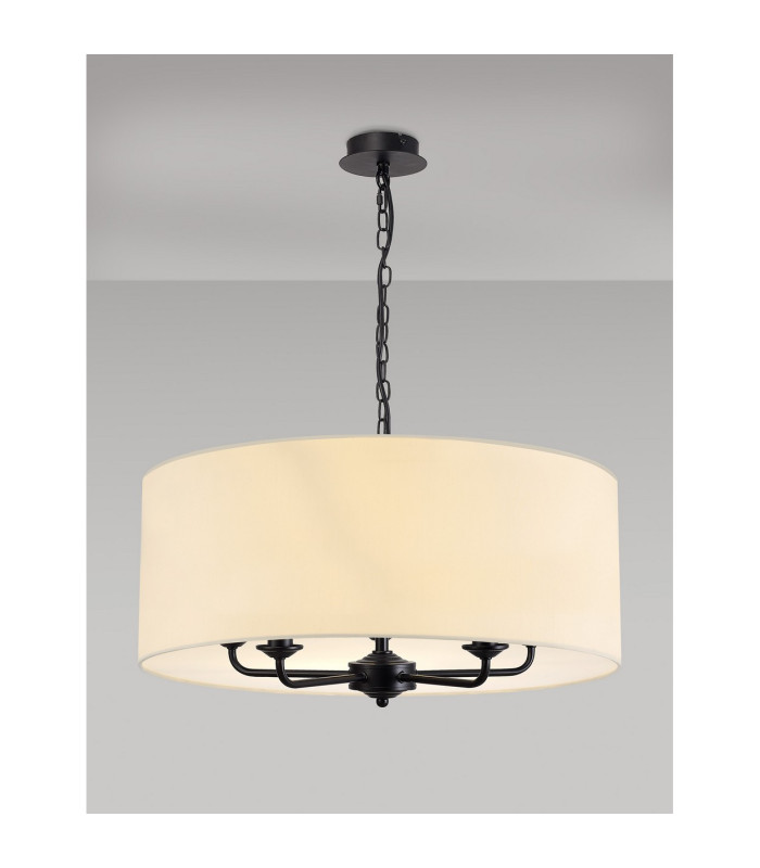 Banyan 5 Light Multi Arm Pendant With 60cm x 22cm Faux Silk Fabric Shade Matt Black/Ivory Pearl-2