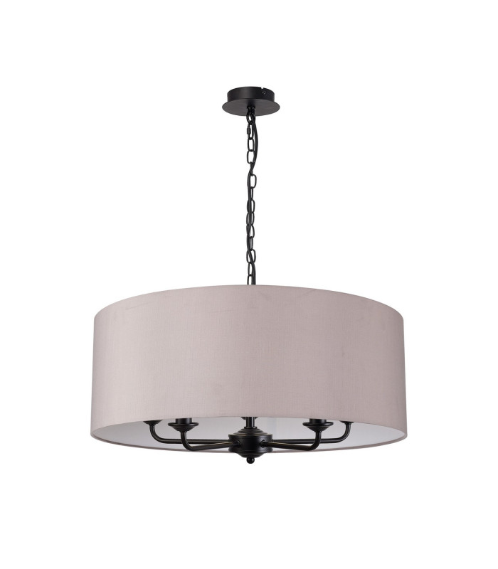 Banyan 5 Light Multi Arm Pendant With 60cm x 22cm Faux Silk Fabric Shade Matt Black/Grey-4