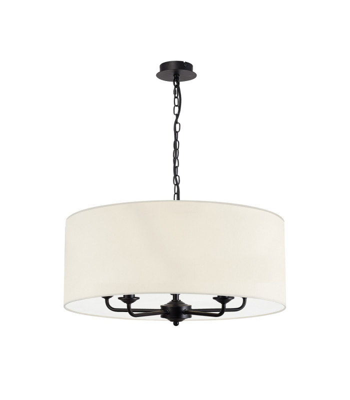 Banyan 5 Light Multi Arm Pendant With 60cm x 22cm Faux Silk Fabric Shade Matt Black/Ivory Pearl-4