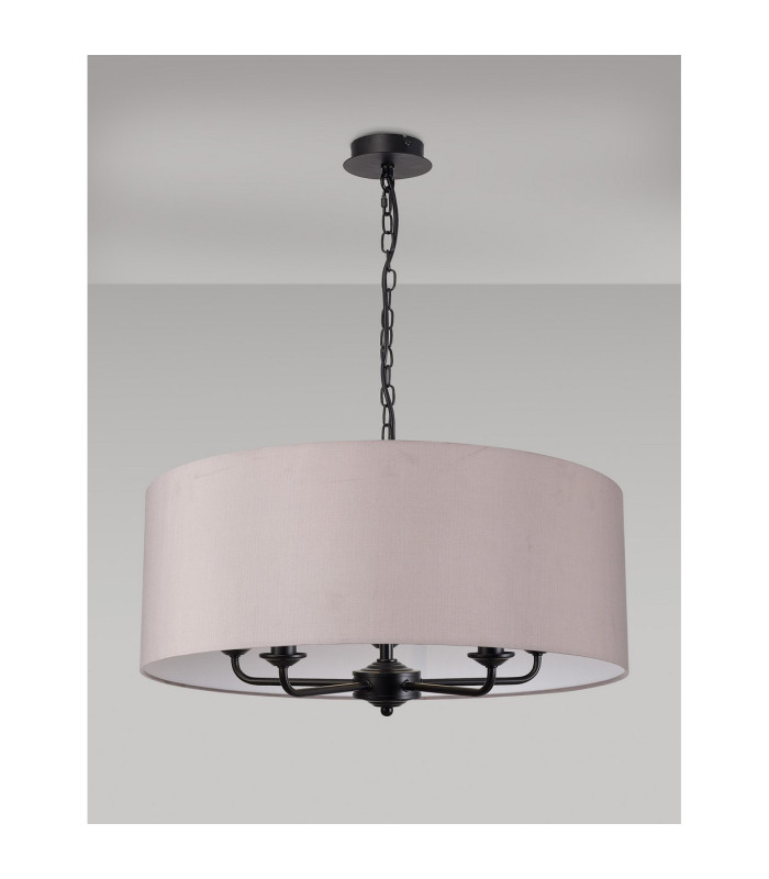 Banyan 5 Light Multi Arm Pendant With 60cm x 22cm Faux Silk Fabric Shade Matt Black/Grey-11