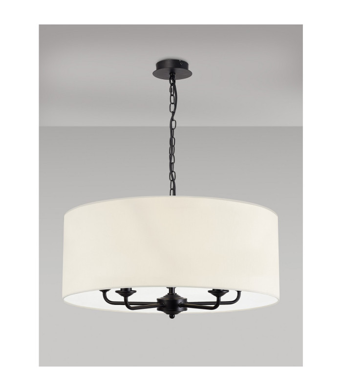 Banyan 5 Light Multi Arm Pendant With 60cm x 22cm Faux Silk Fabric Shade Matt Black/Ivory Pearl-11