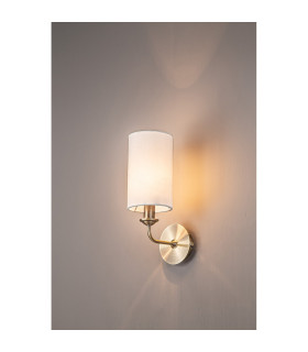 Banyan Switched Wall Lamp E14 Antique Brass With 12cm Faux Silk Shade White-2