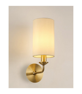 Banyan Switched Wall Lamp E14 Antique Brass With 12cm Faux Silk Shade Ivory Pearl/White Laminate-2