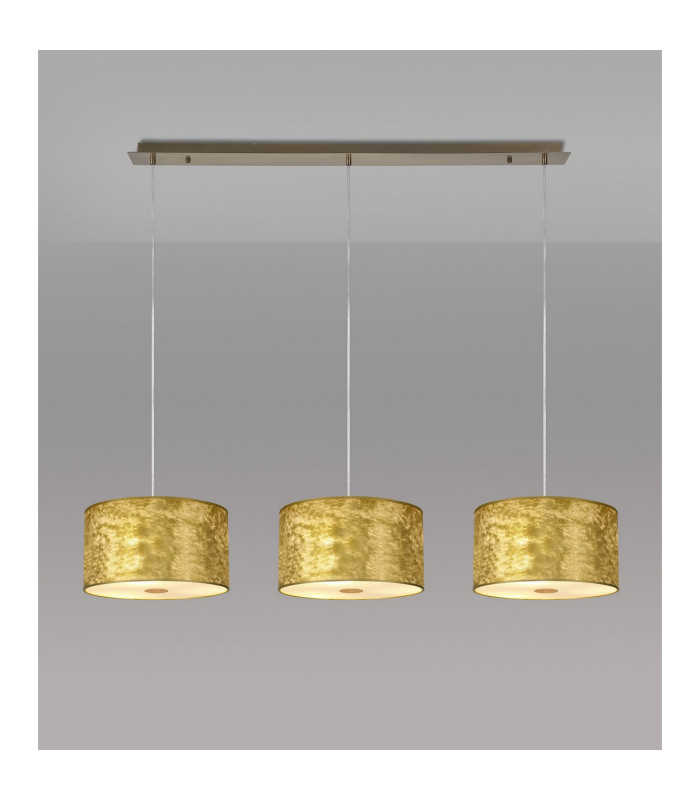 Baymont Antique Brass 3 Light E27 Linear Pendant With 30cm x 17cm Gold Leaf Shade 2m-2