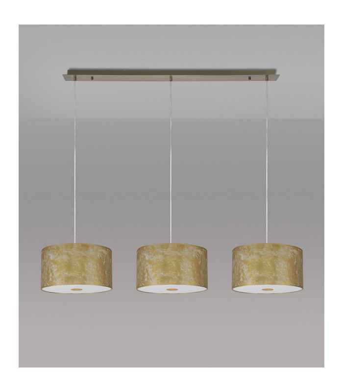 Baymont Antique Brass 3 Light E27 Linear Pendant With 30cm x 17cm Gold Leaf Shade 2m-13