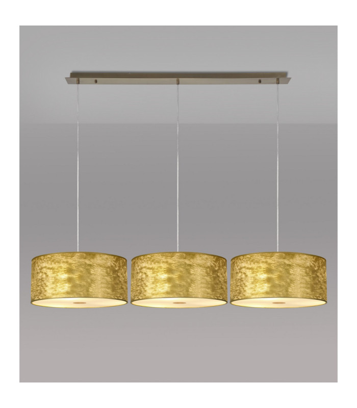 Baymont Antique Brass 3 Light E27 Linear Pendant With 40cm x 18cm Gold Leaf Shade 2m-2