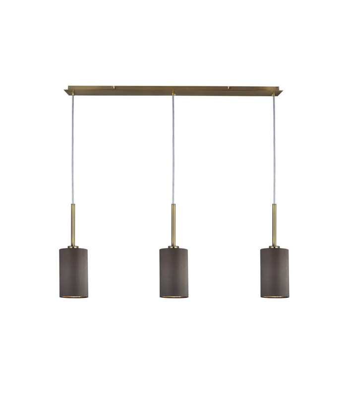 Baymont Antique Brass 3 Light E27 Linear Pendant With 12cm x 20cm Faux Silk Shade Grey-1