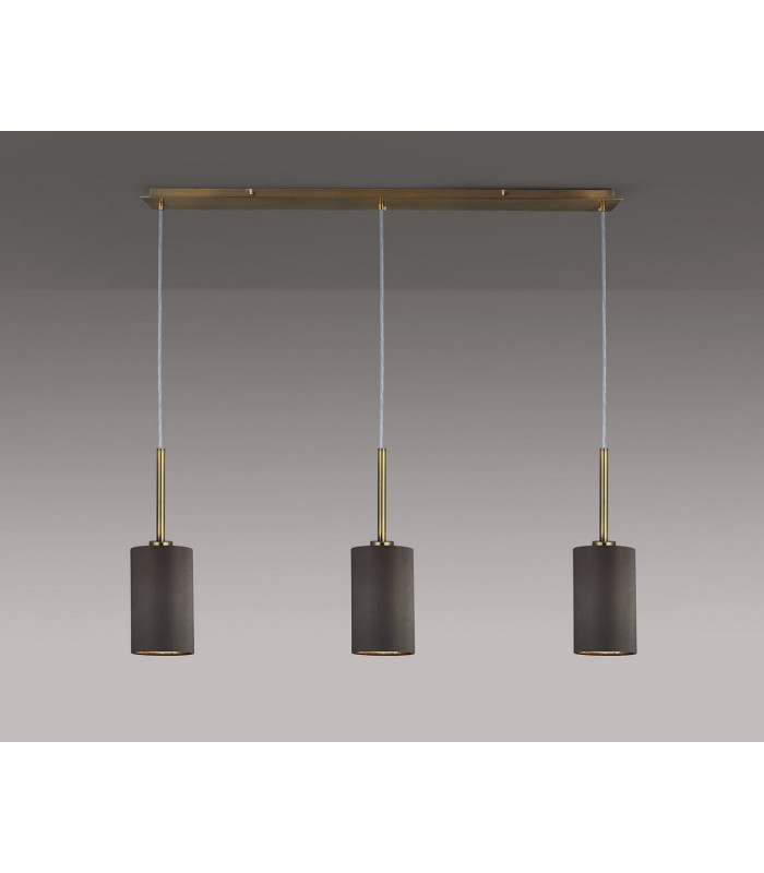 Baymont Antique Brass 3 Light E27 Linear Pendant With 12cm x 20cm Faux Silk Shade Grey-2