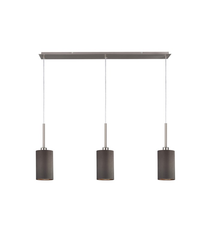 Baymont Satin Nickel 3 Light E27 Linear Pendant With 12cm Faux Silk Shade Grey-1