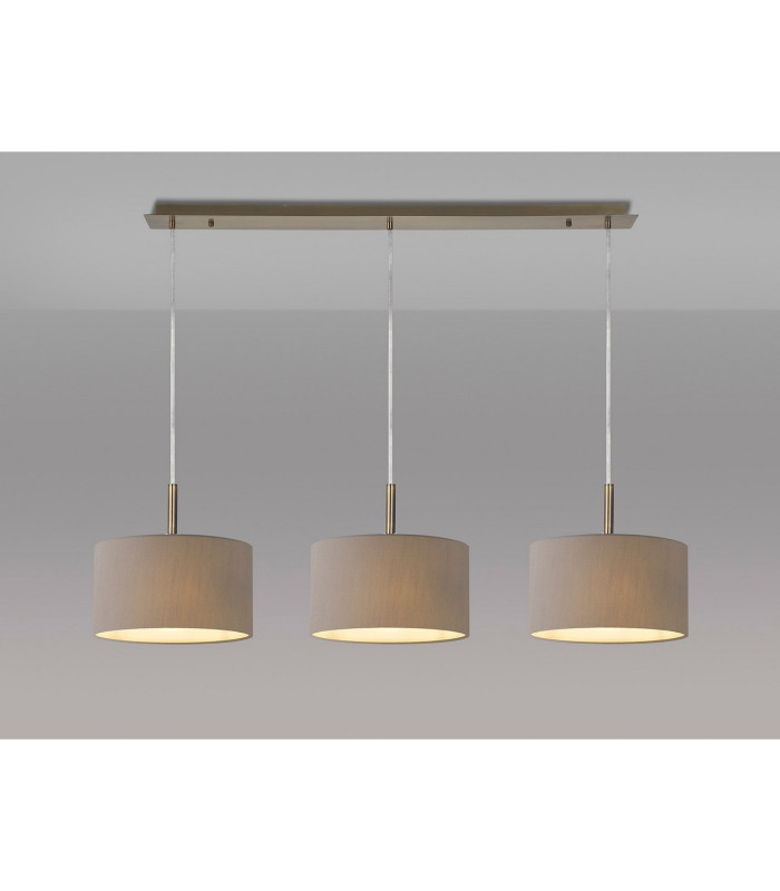 Baymont Antique Brass 3 Light E27 Linear Pendant With 30cm x 17cm Faux Silk Shade Grey/White Laminate-2