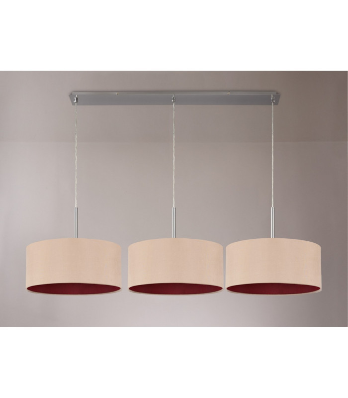 Baymont Satin Nickel 3 Light E27 Linear Pendant With 40cm x 18cm Dual Faux Silk Shade Antique Gold/Ruby-11