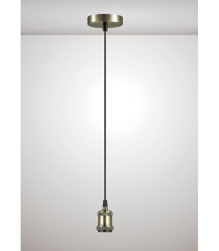 1.5m Suspension Kit 1 Light Antique Brass, Antique Base and Black Braided Cable, E27 Max 60W, c, w Ceiling Bracket - 2
