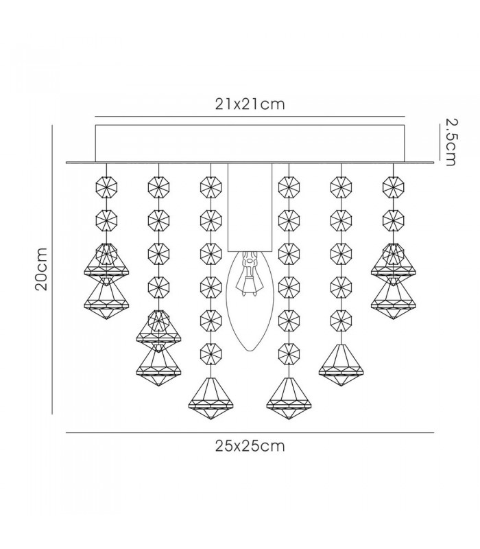 Flush Ceiling 1 Light E14, 250mm Square, Antique Brass, Prism Crystal - 3