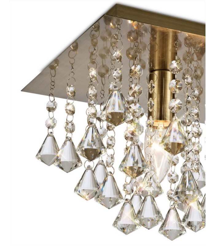 Flush Ceiling 1 Light E14, 250mm Square, Antique Brass, Prism Crystal - 5