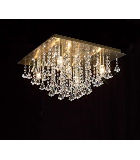 Flush Ceiling 5 Light E14, 460mm Square, Antique Brass, Prism Crystal - 2