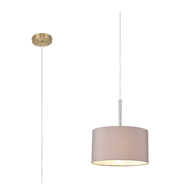 Baymont Antique Brass E27 Single Pendant With 30cm x 17cm Faux Silk Shade Grey/White Laminate-1