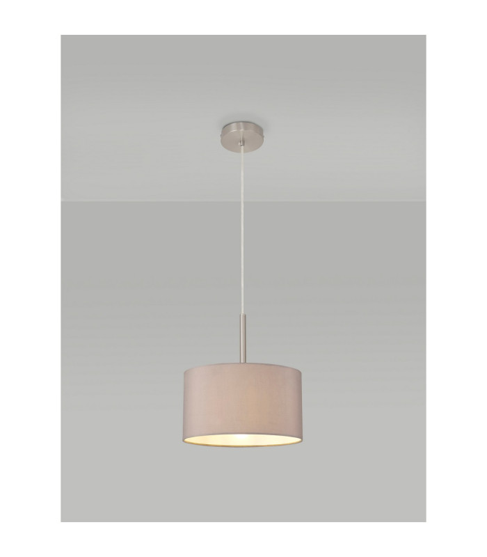 Baymont Satin Nickel E27 Single Pendant With 30cm x 17cm Faux Silk Shade Grey/White Laminate-2