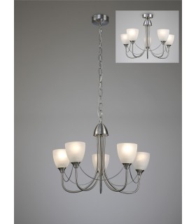 Ceiling 5 Light Ceiling Pendant, Semi Flush Convertible E14 Satin Nickel, Opal Glass - 2