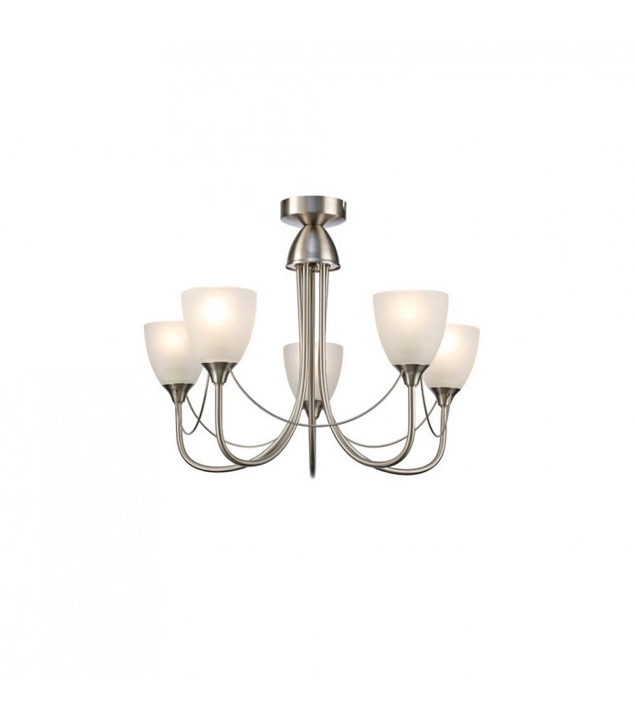 Ceiling 5 Light Ceiling Pendant, Semi Flush Convertible E14 Satin Nickel, Opal Glass - 4