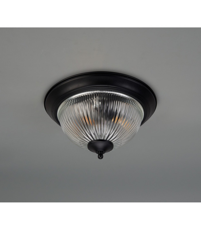 Macy 28.5cm IP44 2 Light E14 Flush Ceiling Light Satin Black With Clear Ribbed Glass-6