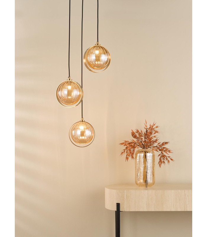 Ophira 3 Light Cluster Ceiling Pendant Antique Gold and Amber Ribbed Glass-2