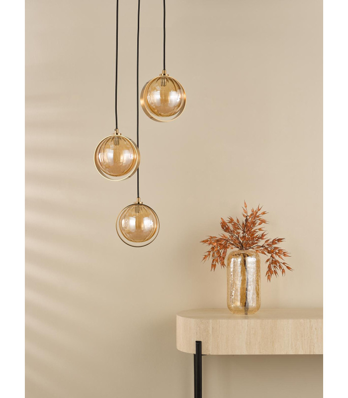 Ophira 3 Light Cluster Ceiling Pendant Antique Gold and Amber Ribbed Glass-3