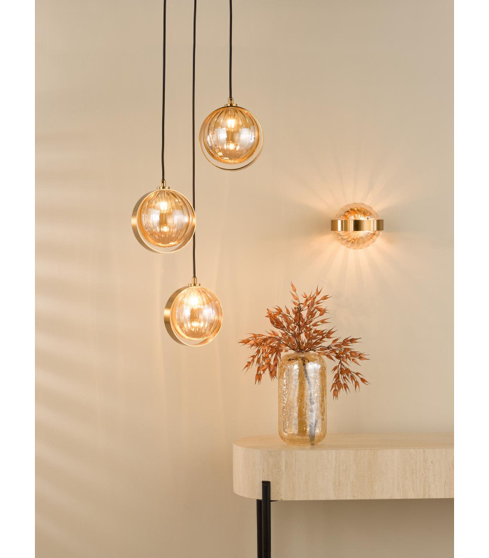 Ophira 3 Light Cluster Ceiling Pendant Antique Gold and Amber Ribbed Glass-4