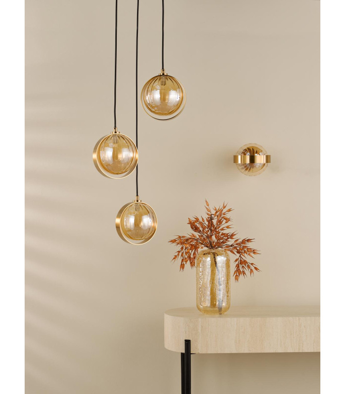 Ophira 3 Light Cluster Ceiling Pendant Antique Gold and Amber Ribbed Glass-5
