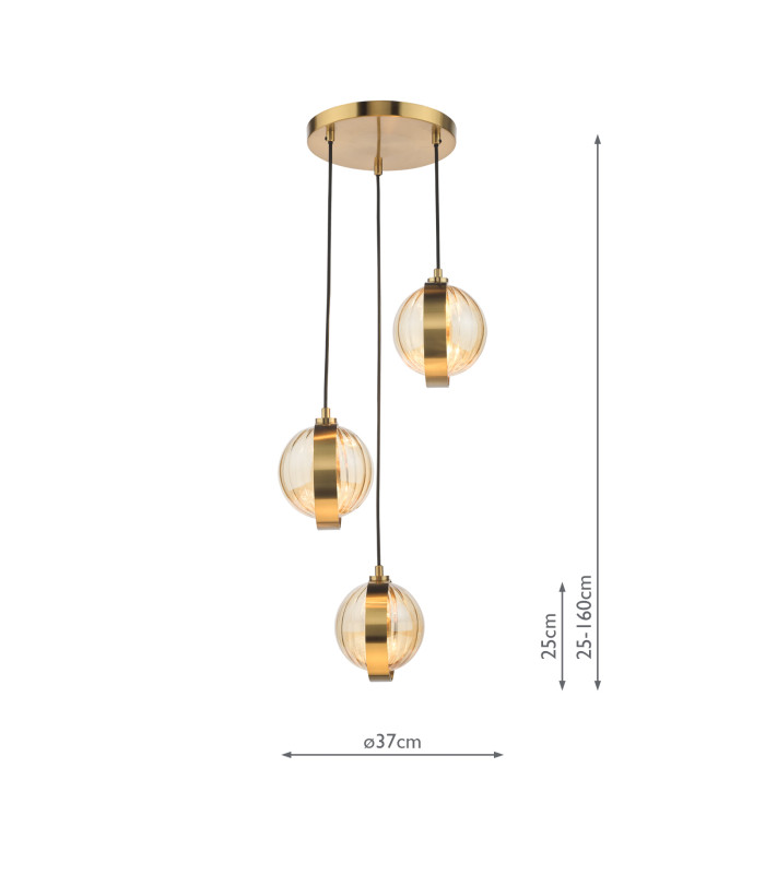 Ophira 3 Light Cluster Ceiling Pendant Antique Gold and Amber Ribbed Glass-6