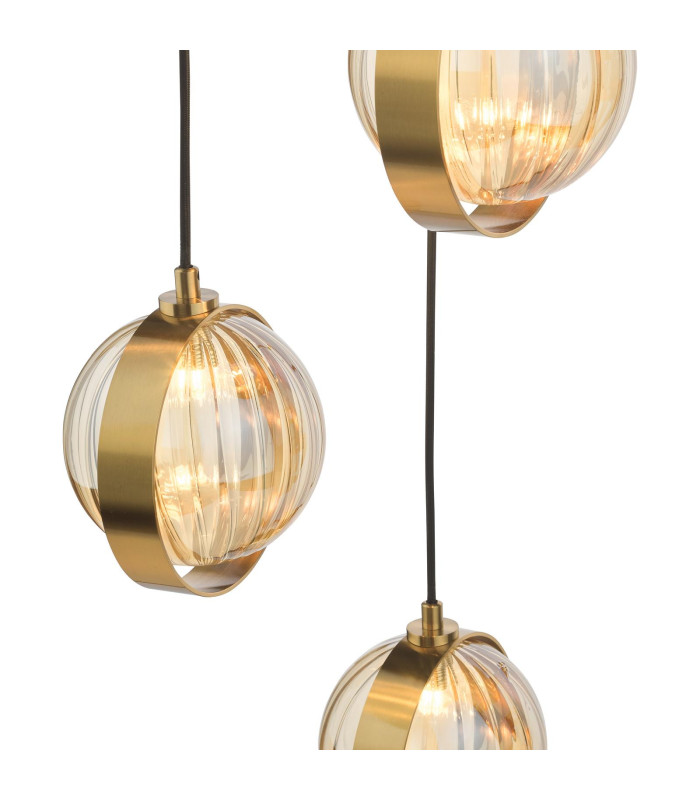 Ophira 3 Light Cluster Ceiling Pendant Antique Gold and Amber Ribbed Glass-8