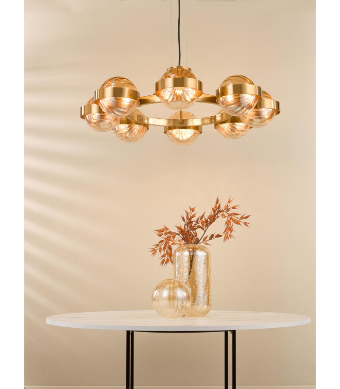 Ophira 8 Light Ceiling Pendant Antique Gold and Amber Ribbed Glass-2
