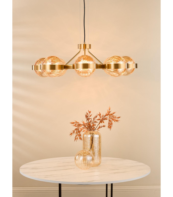 Ophira 8 Light Ceiling Pendant Antique Gold and Amber Ribbed Glass-4