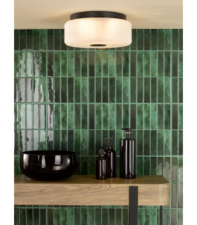 Twyman 3 Light Flush Satin Black and White Ribbed Glass IP44-2