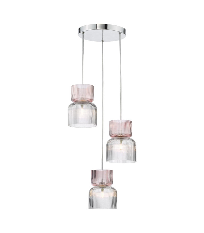 Auberta 3 Light Cluster Ceiling Pendant Polished Chrome and Pink Ribbed Glass-1