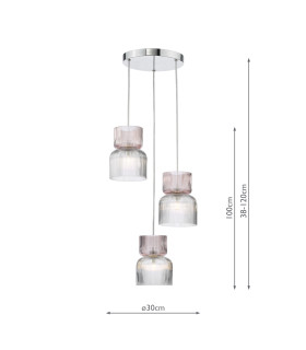 Auberta 3 Light Cluster Ceiling Pendant Polished Chrome and Pink Ribbed Glass-2